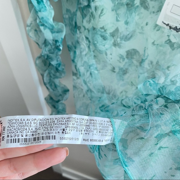 NEW ZARA Green Floral Mesh Sheer Top Ruched Blouse - Picture 5 of 10